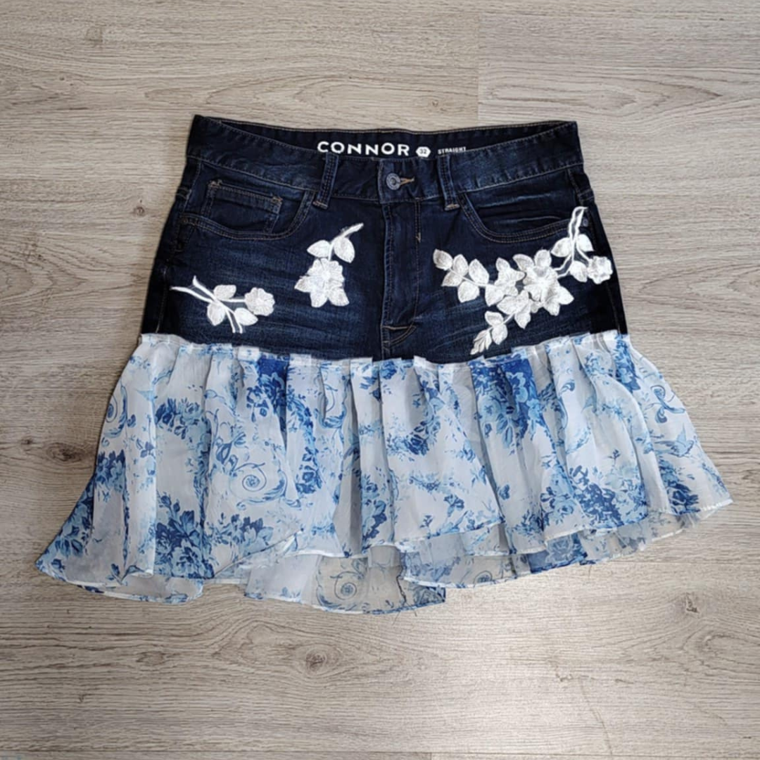 Upcycled Garden Lace Jean Skirt