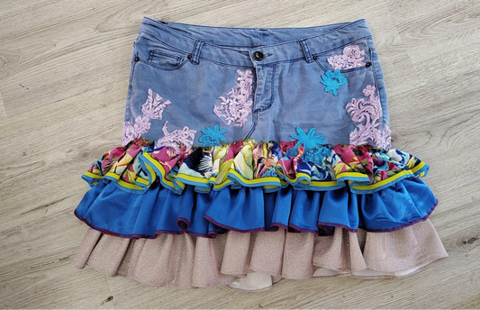 Boho Fiesta Ruffle Skirt | Upcycled Denim Patchwork | Festival Outfit | Handmade Layered Skirt