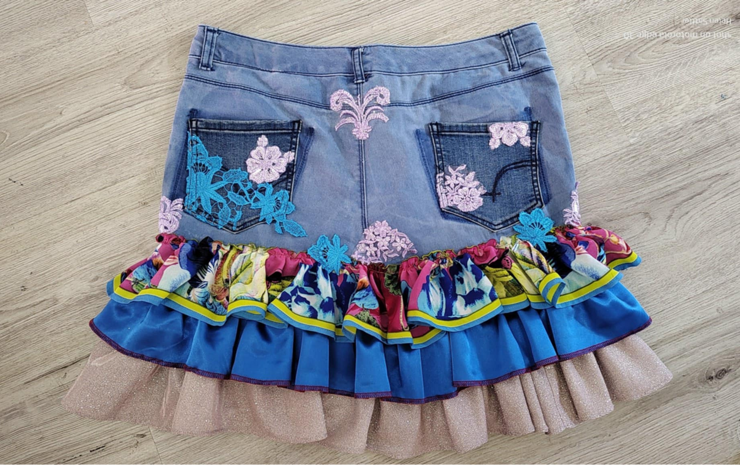 Boho Fiesta Ruffle Skirt | Upcycled Denim Patchwork | Festival Outfit