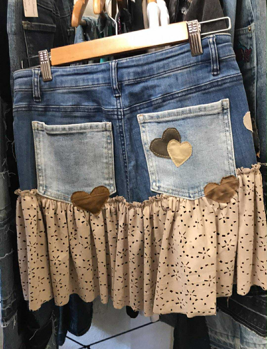 Custom Ruffle Denim Skirt | Appliqué Heart Patches | Upcycled Jean Skirt | Handmade to Order | Eco-Friendly Fashion