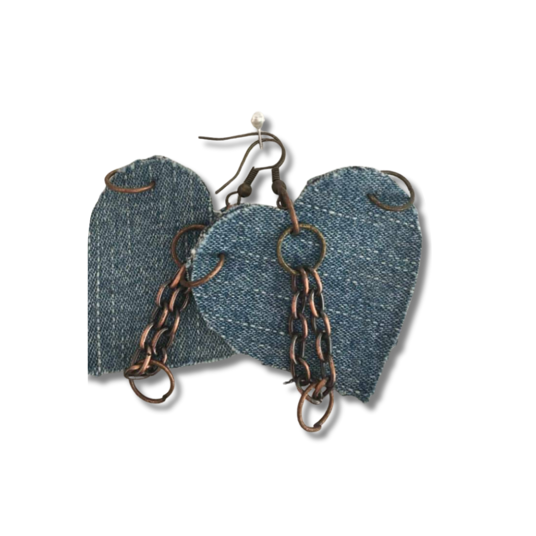 Sassi Handmade Earrings- Denim Fabric Heart Drop