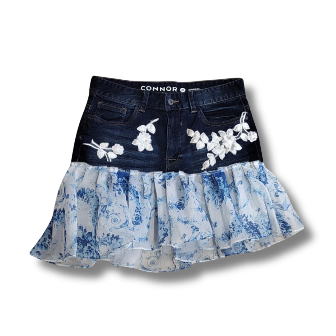 Upcycled Garden Lace Jean Skirt