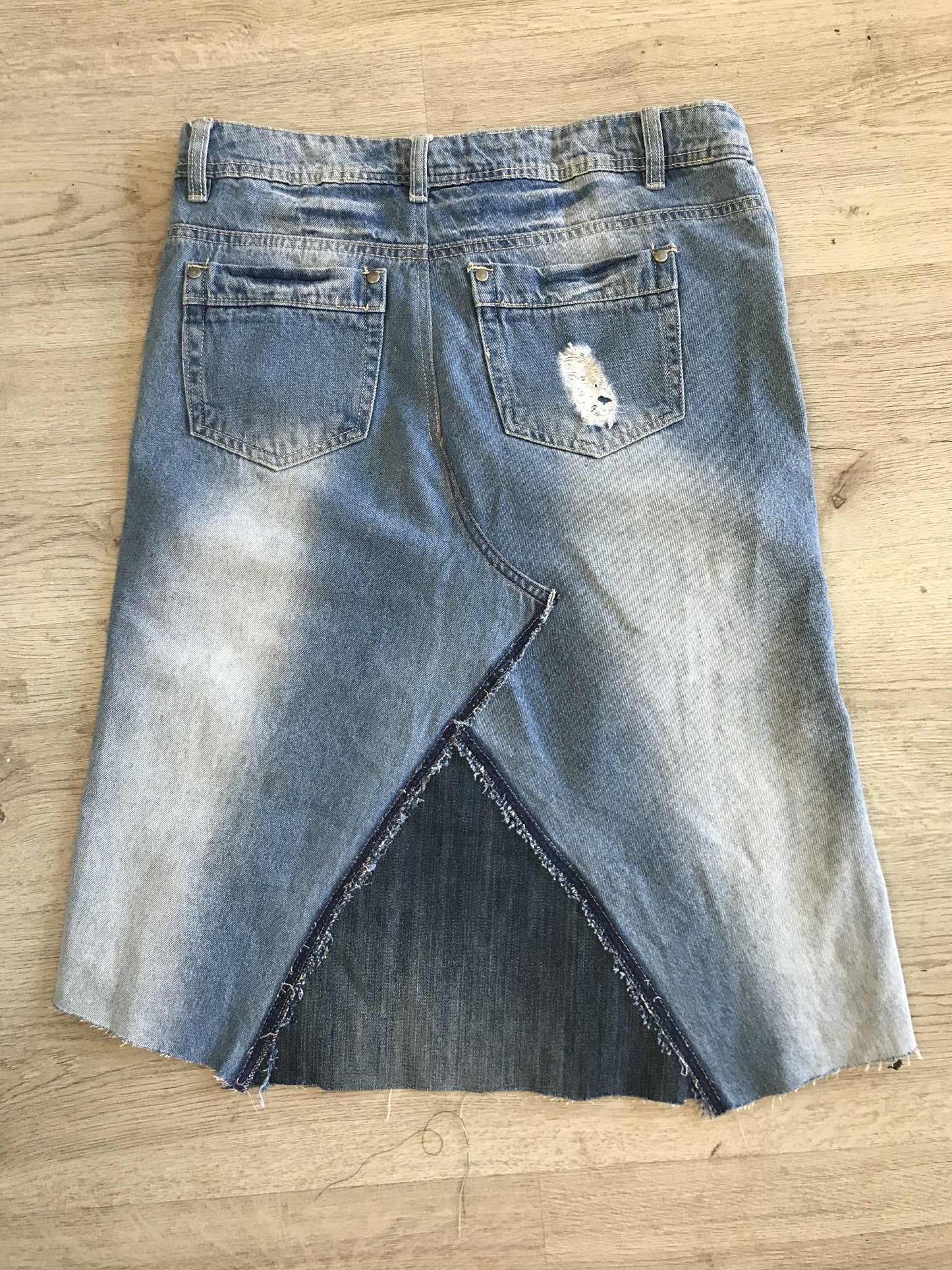 Upcycled Denim Skirt | Custom Distressed Jean Skirt | Handmade Sustainable Fashion | Front Split | Edgy Streetwear