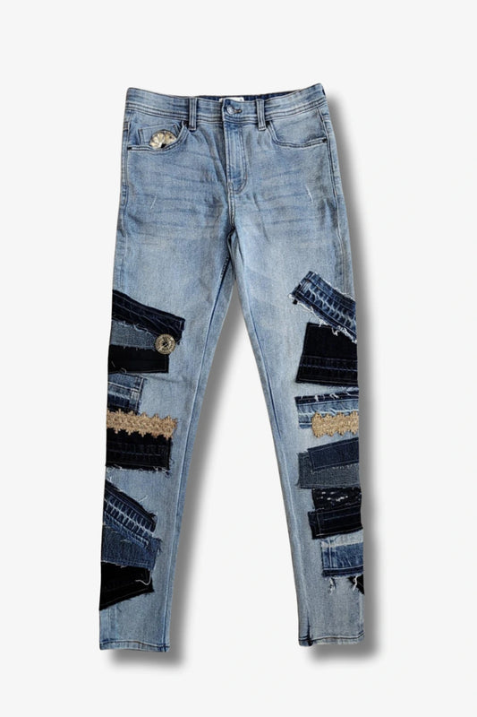Flared Patchwork Jeans — Extra High Rise (Size 14)