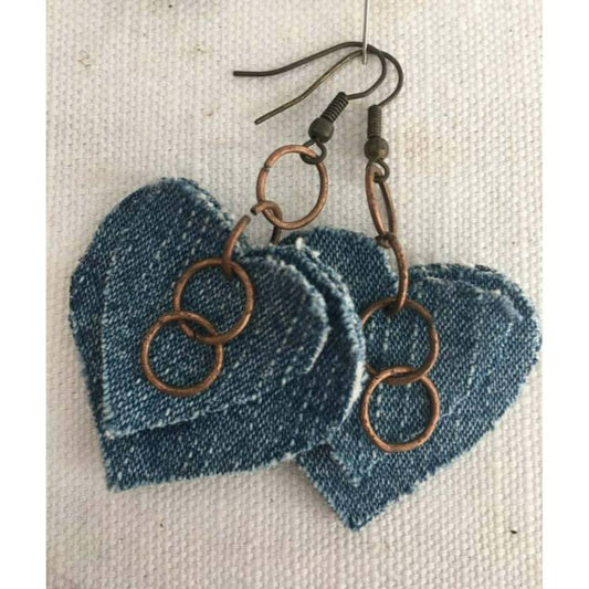Sassi Denim Handmade Earrings-Heart drop Denim Fabric image 0