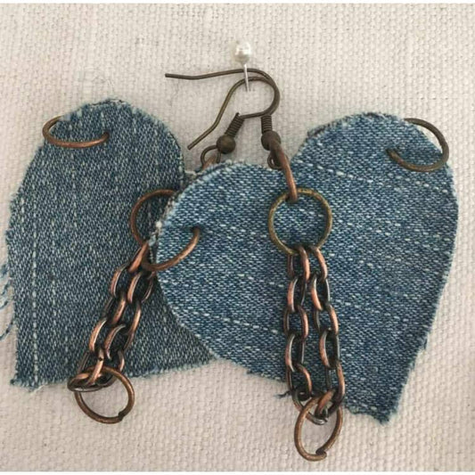 Sassi Handmade Earrings- Denim Fabric Heart Drop image 0