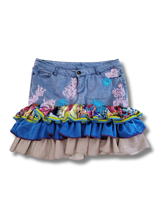 Boho Fiesta Ruffle Skirt | Upcycled Denim Patchwork | Festival Outfit