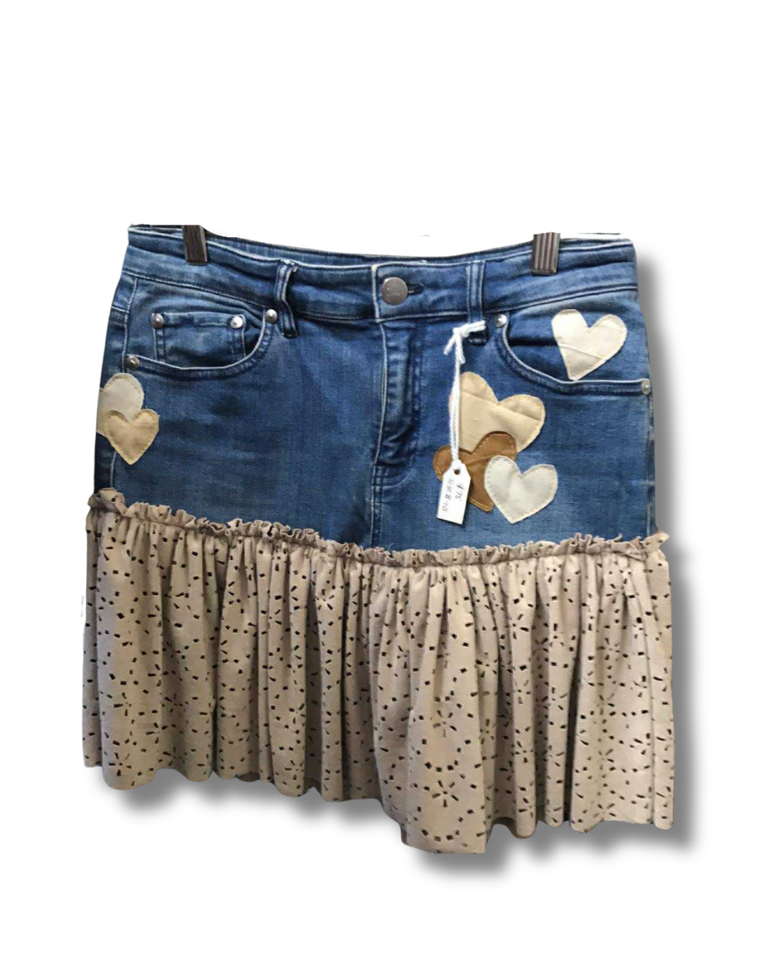 Custom Ruffle Denim Skirt | Appliqué Heart Patches | Upcycled Jean Skirt | Handmade to Order | Eco-Friendly Fashion