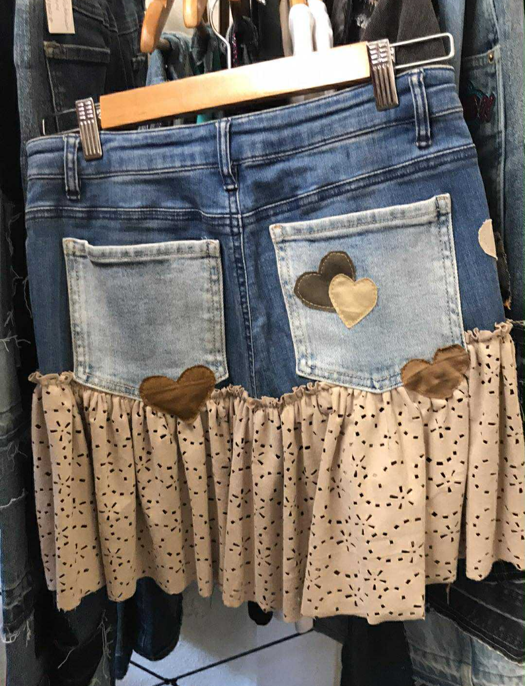 Custom Ruffle Denim Skirt | Appliqué Heart Patches | Upcycled Jean Skirt | Handmade to Order | Eco-Friendly Fashion