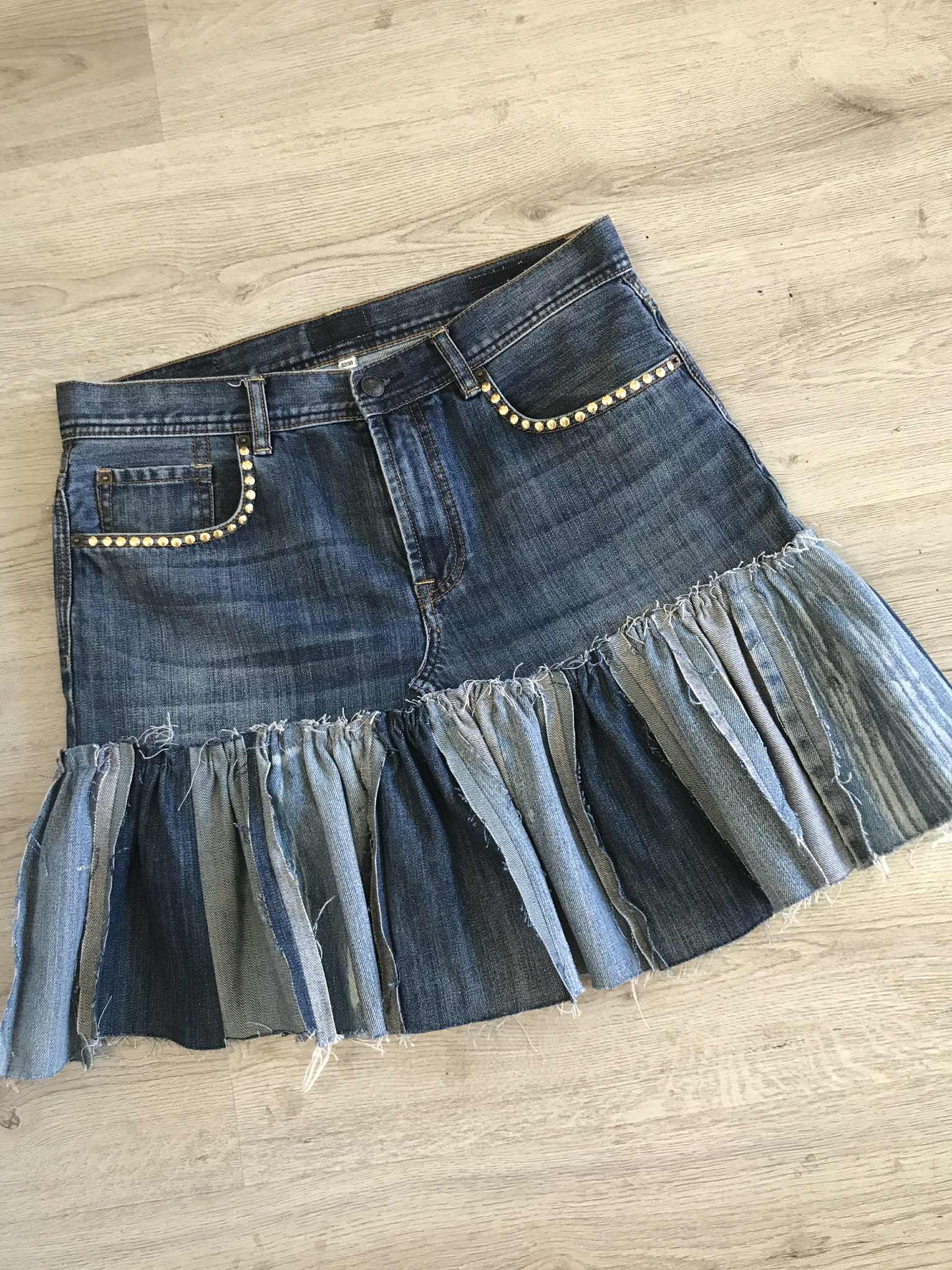 Handmade Frayed Denim Skirt | Custom Upcycled Jean Skirt | Raw Hem Ruffles