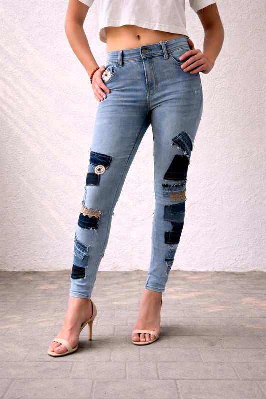 Flared Patchwork Jeans — Extra High Rise (Size 14)