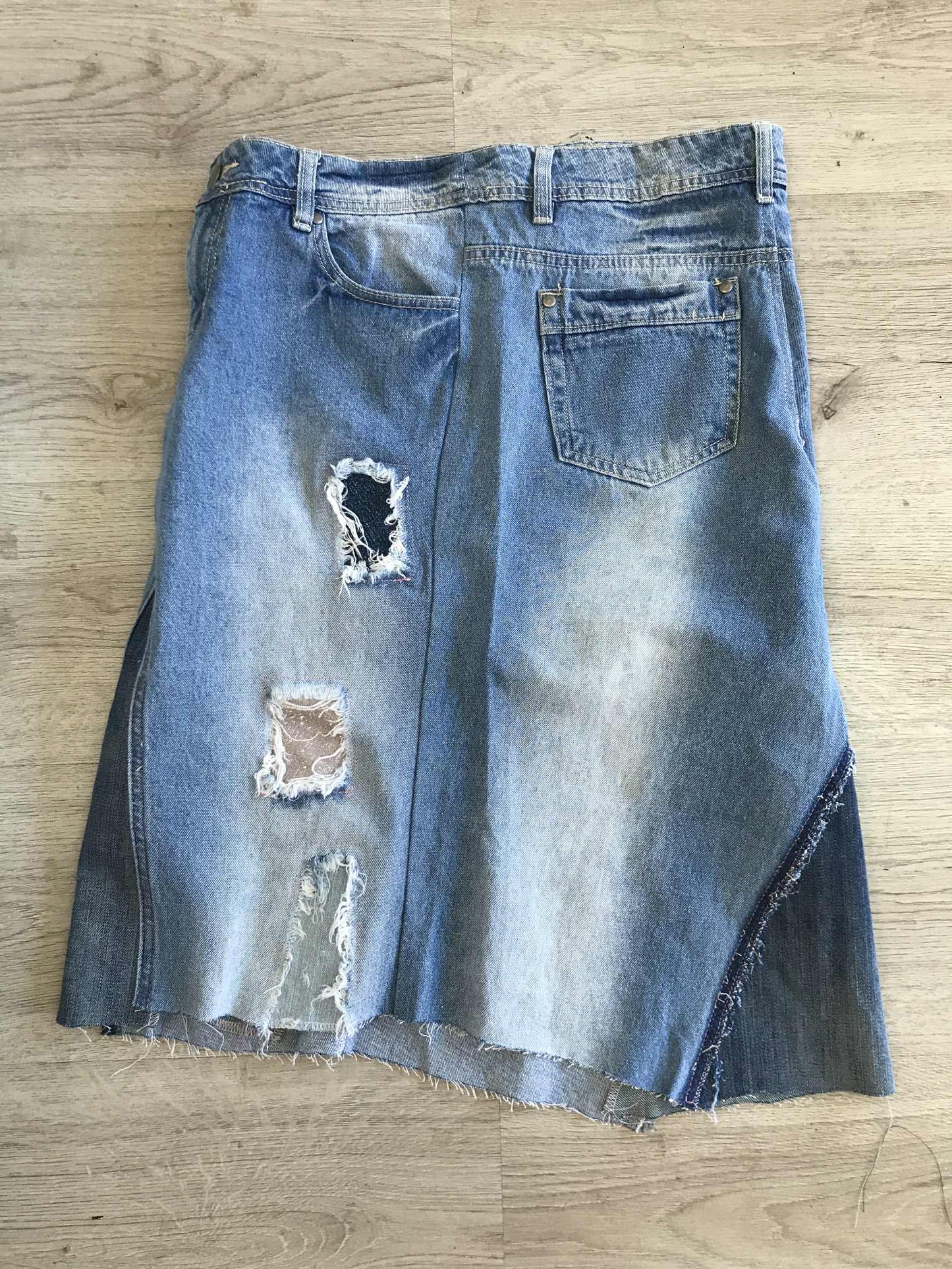 Upcycled Denim Skirt | Custom Distressed Jean Skirt | Handmade Sustainable Fashion | Front Split | Edgy Streetwear