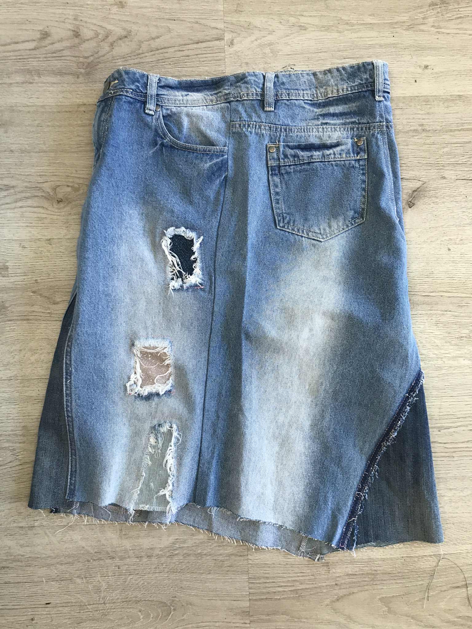 Upcycled Denim Skirt | Custom Distressed Jean Skirt | Handmade Sustainable Fashion | Front Split | Edgy Streetwear