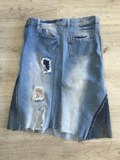 Upcycled Denim Skirt | Custom Distressed Jean Skirt | Handmade Sustainable Fashion | Front Split | Edgy Streetwear