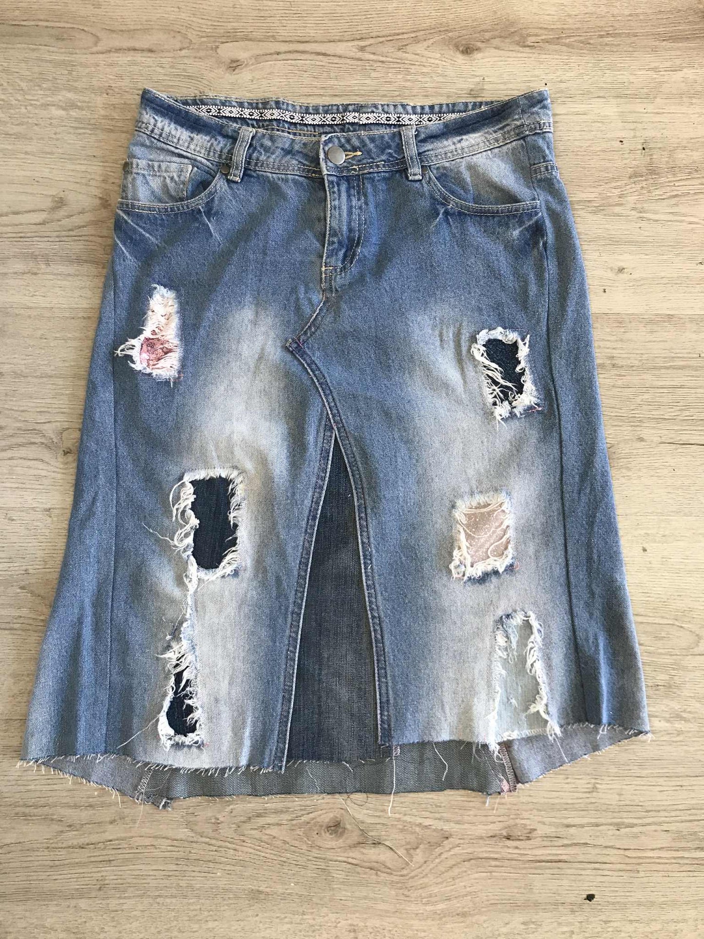 Upcycled Denim Skirt | Custom Distressed Jean Skirt | Handmade Sustainable Fashion | Front Split | Edgy Streetwear