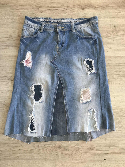 Upcycled Denim Skirt | Custom Distressed Jean Skirt | Handmade Sustainable Fashion | Front Split | Edgy Streetwear