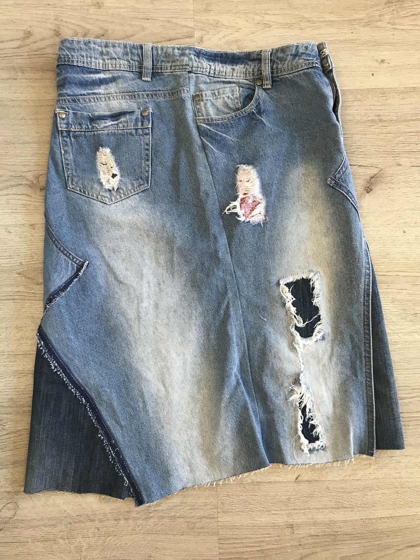 Upcycled Denim Skirt | Custom Distressed Jean Skirt | Handmade Sustainable Fashion | Front Split | Edgy Streetwear