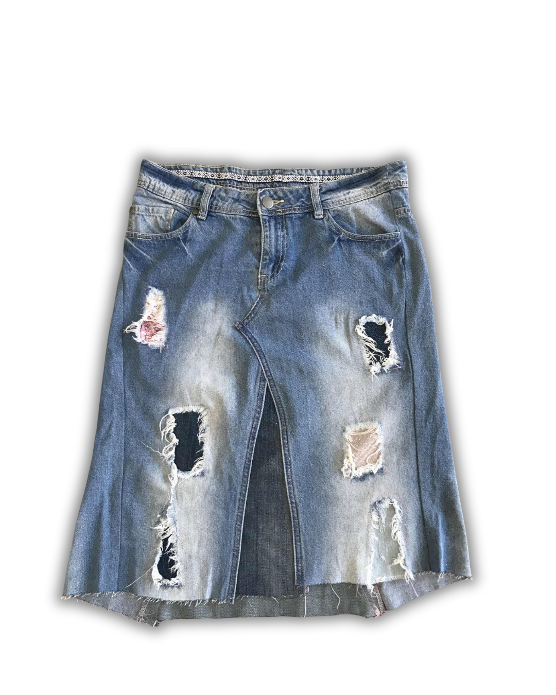 Upcycled Denim Skirt | Custom Distressed Jean Skirt | Handmade Sustainable Fashion | Front Split | Edgy Streetwear