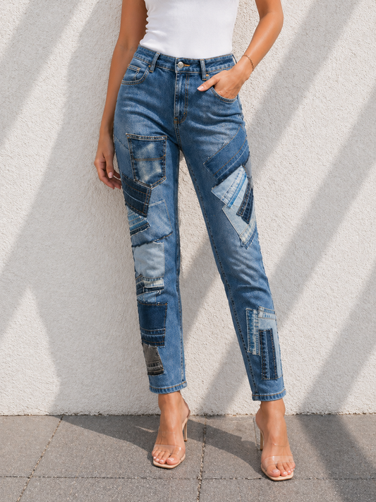 Women's Patchwork Jeans - Emerald Heartbreaker , Slim Fit